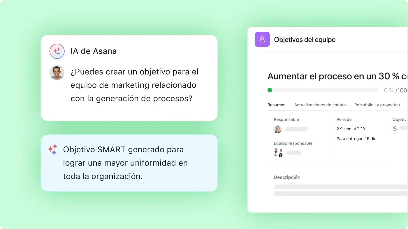 Grupo de empleados que trabajan en los objetivos del equipo: interfaz de usuario de producto de Asana