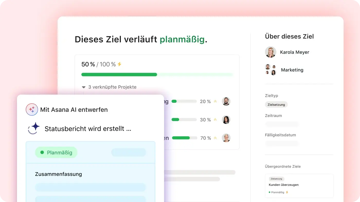 Die Produkt-UI zeigt, wie Asana AI einen Statusbericht zu einem in Asana festgelegten Ziel erstellt