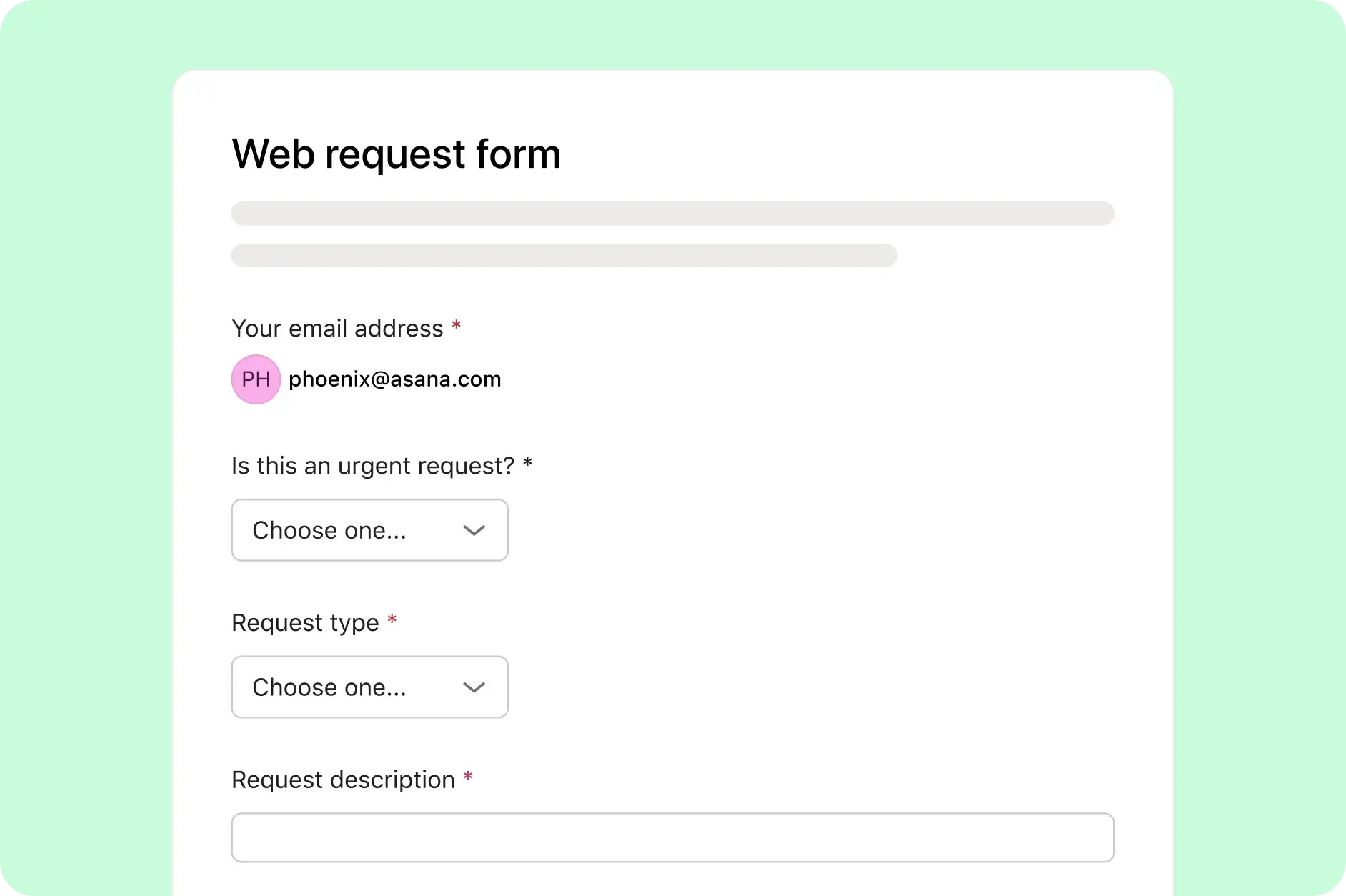 Asana product UI showing a web request intake form 