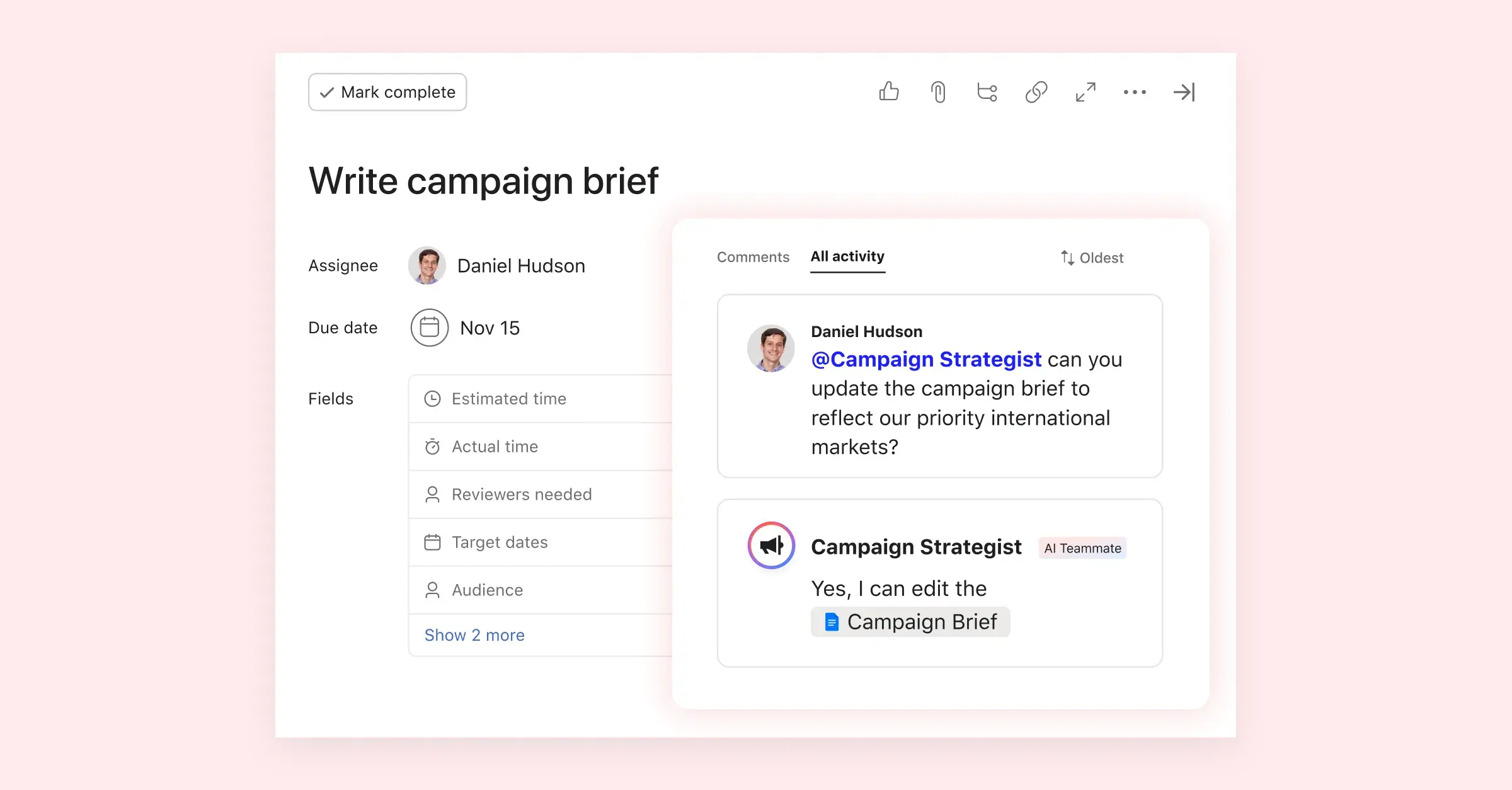 A screenshot of an Asana task interface featuring collaboration with an AI Teammate. A user requests an update to a campaign brief, and the "Campaign Strategist" AI confirms the action, demonstrating seamless human-AI workflow automation.