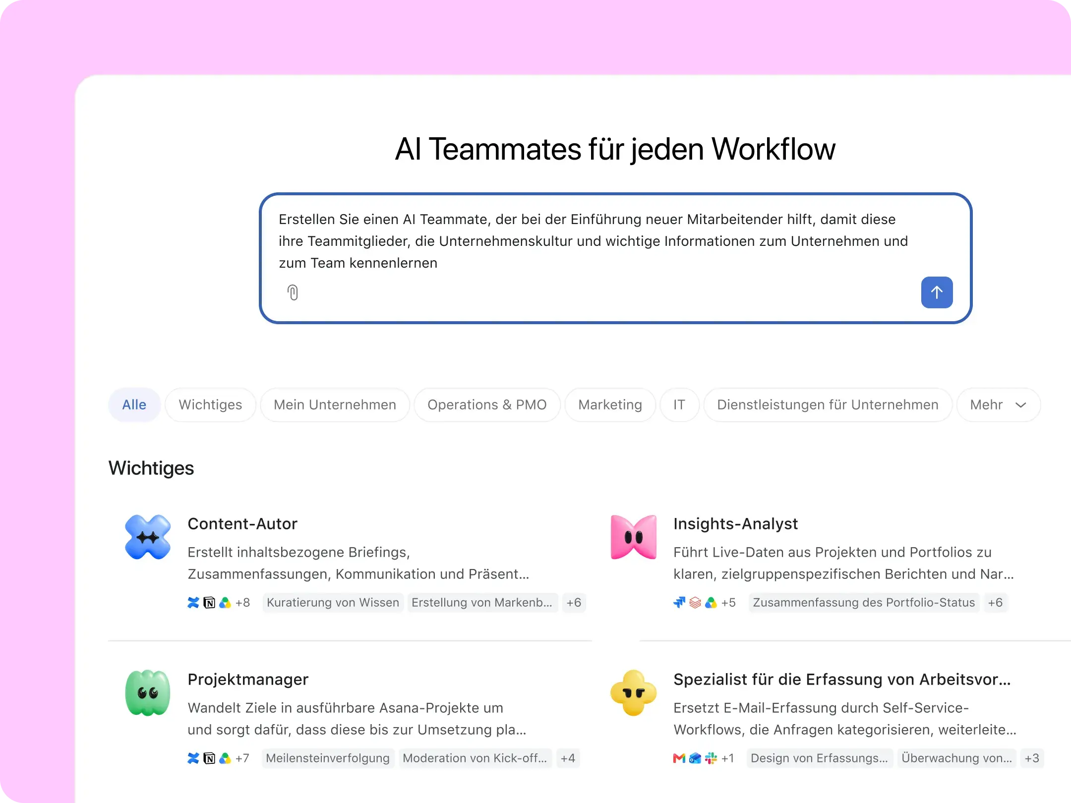 Die Asana-UI mit der AI-Teammate-Galerie, wo vorgefertigte KI-Assistenten zu sehen sind, die nach Funktionen wie Marketing und IT kategorisiert sind. Beispiele zeigen Wettbewerbsanalysten, Kampagnen-Briefing-Autor und Manager für Content-Lokalisierung.