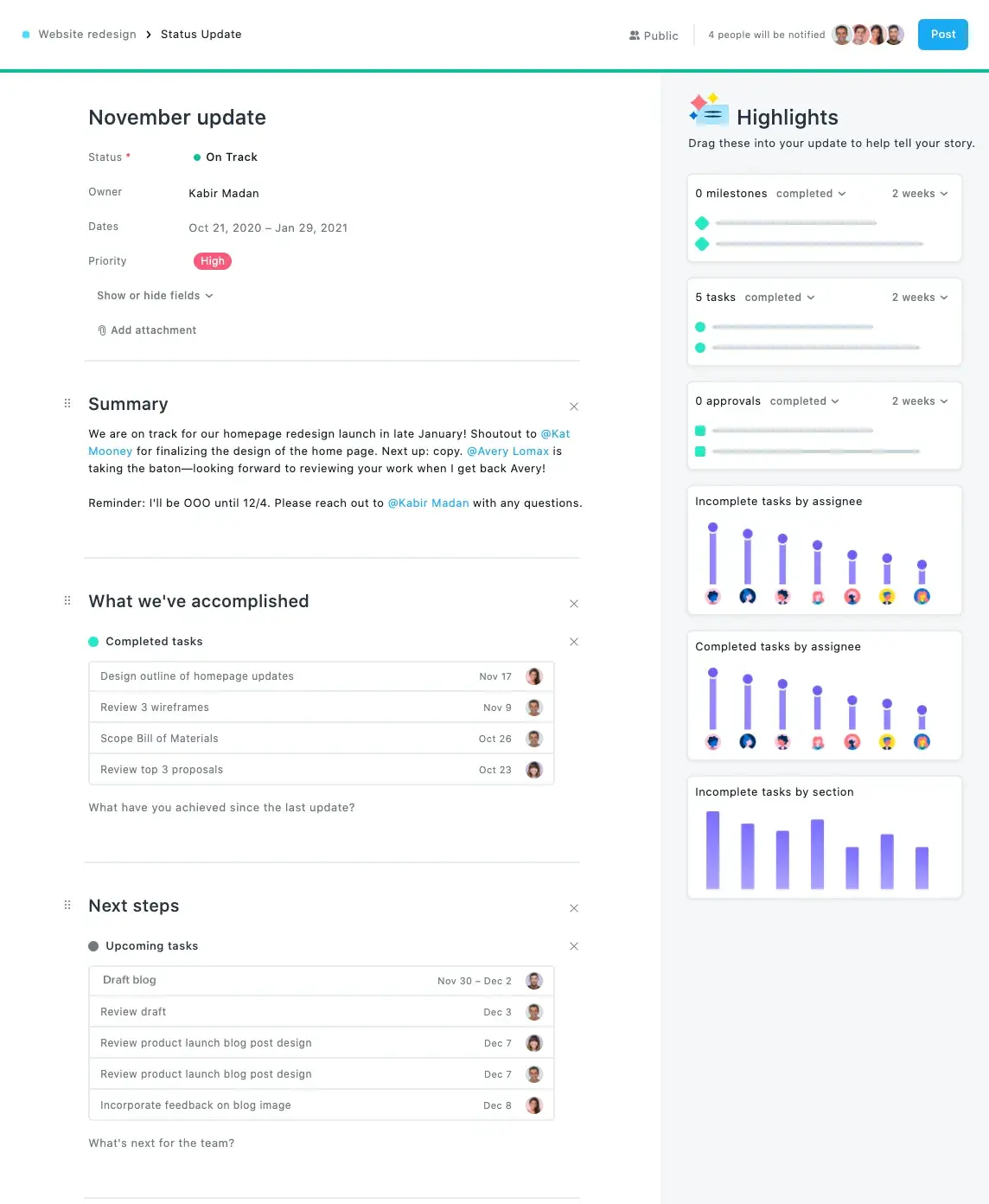 Project status updates in Asana