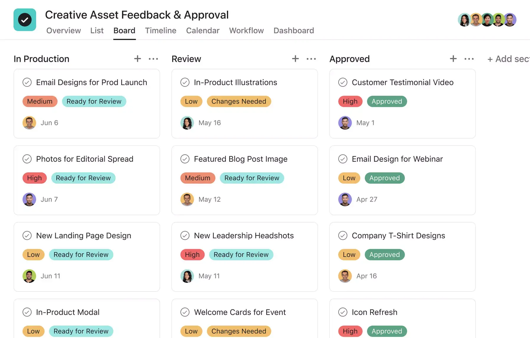 [Interface do produto] Exemplo de projeto de feedback e aprovação de peças criativas (em formato de quadro)