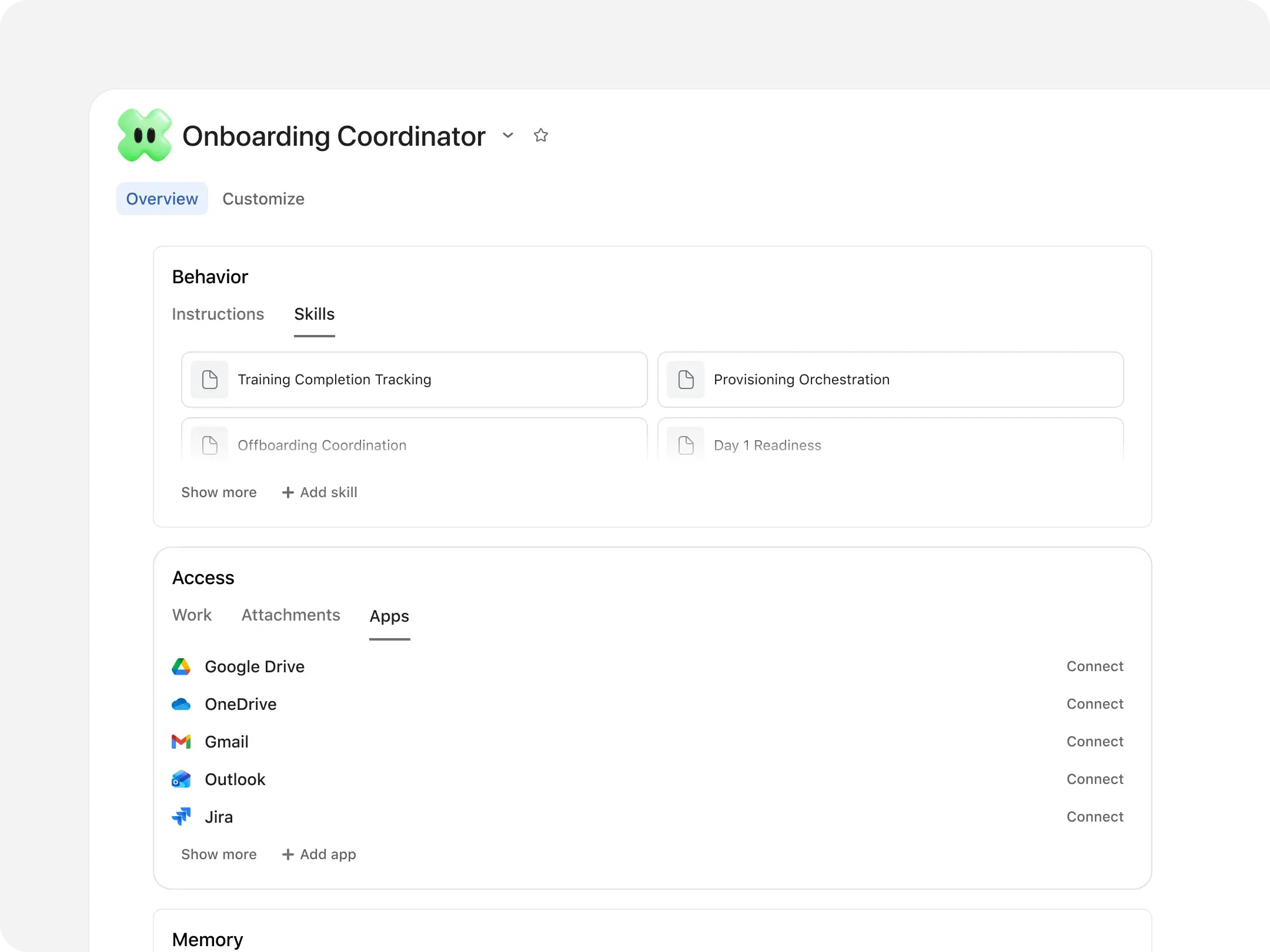 Asana AI Teammate profile for "Onboarding Buddy" showing suggested tasks including connecting apps, meeting the team, and learning company culture