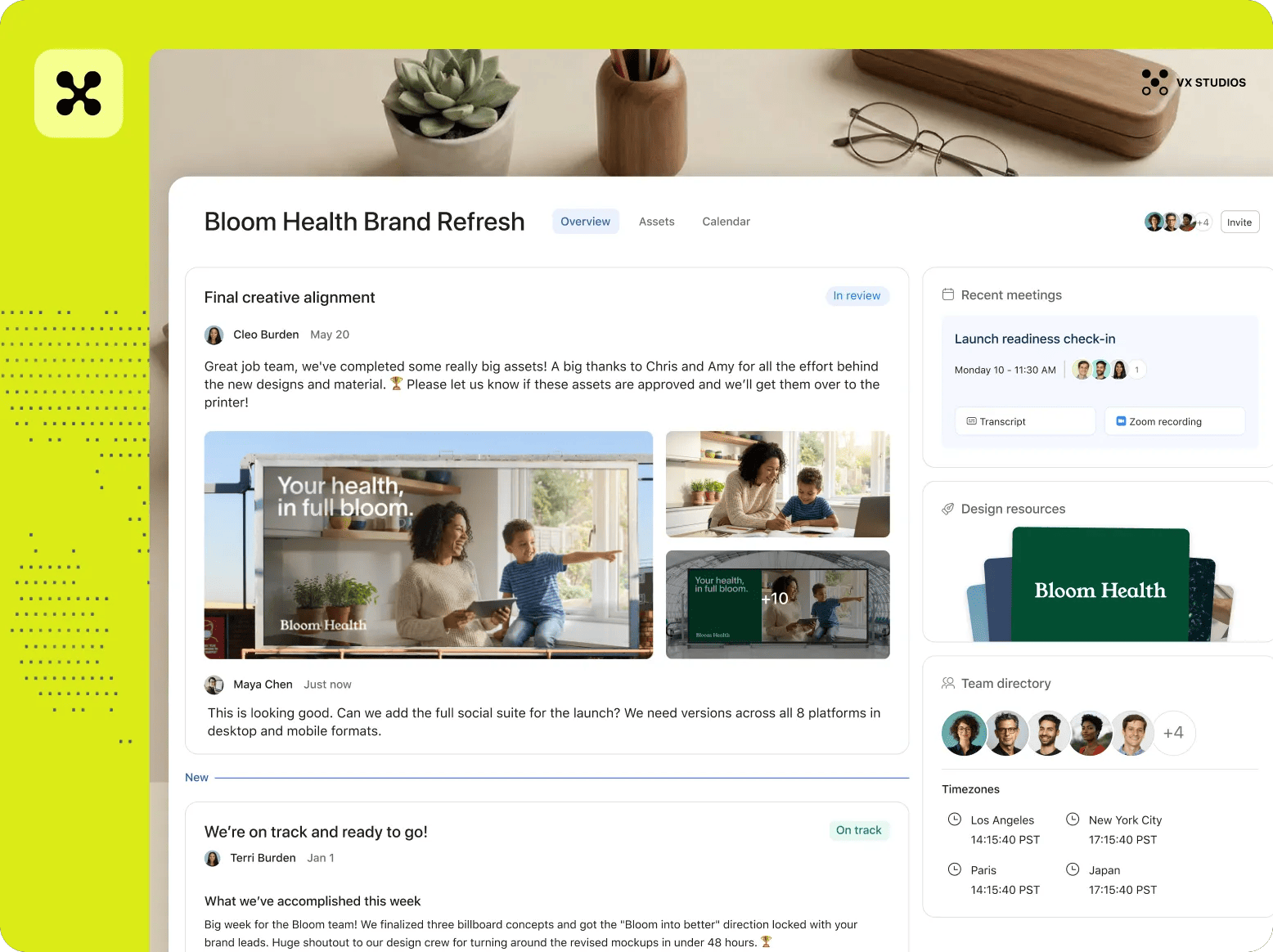 Client management project view showing brand refresh deliverables and team resources for creative work
