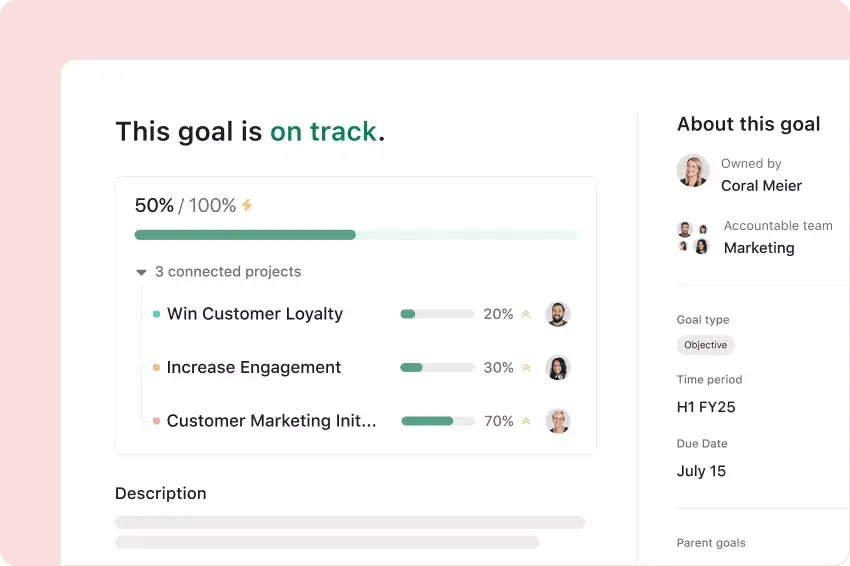 How Asana uses work management for content marketing goals product UI