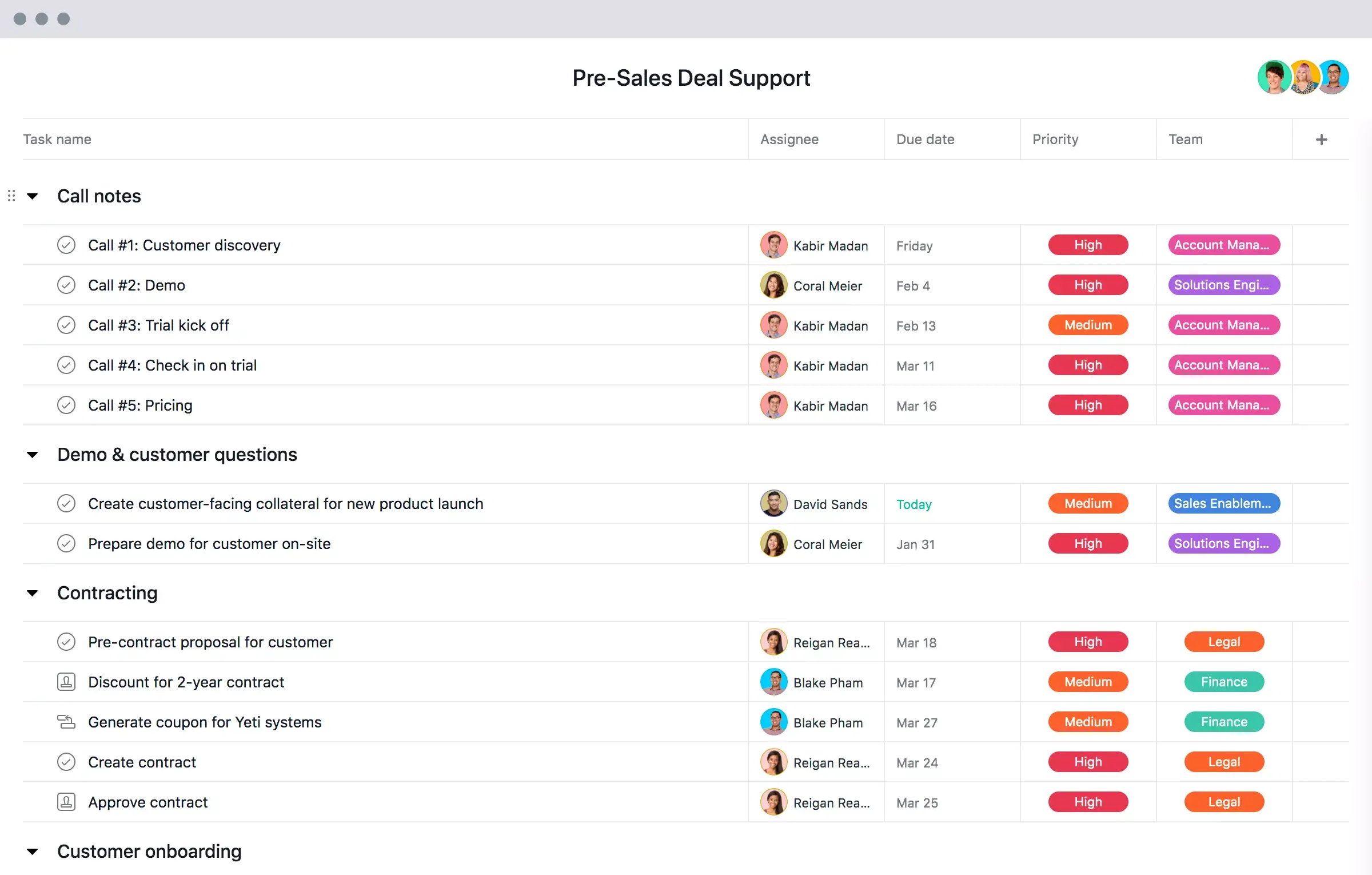 [Interface do produto antiga] Modelo de suporte aos negócios pré-venda na Asana com visualização de projeto no estilo de planilha (formato de lista)