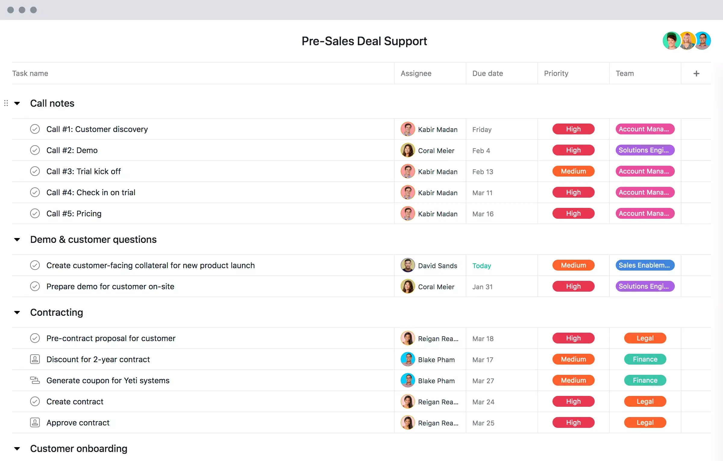 [Old product ui] Pre-sales deal support template in Asana, spreadsheet-style project view (List)