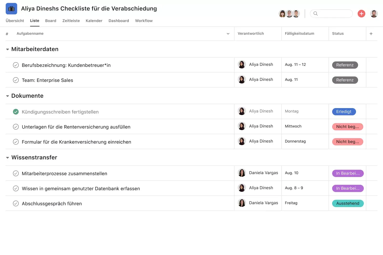 [Produkt-UI] Vorlage für Checklisten für Mitarbeiter-Offboarding in Asana, Projektansicht im Tabellenformat (Liste)