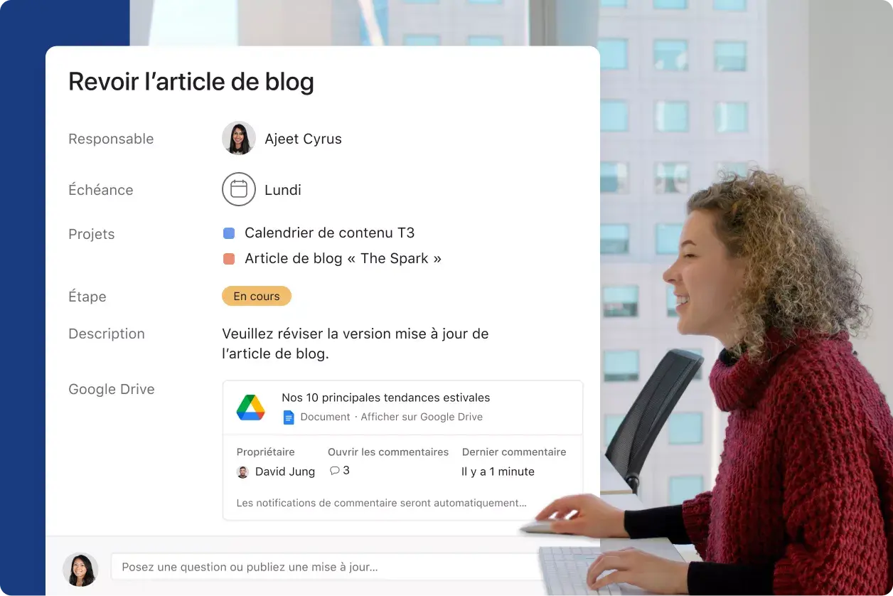 Collaborateur travaillant sur du contenu sur Asana - Exemple de l’interface utilisateur produit