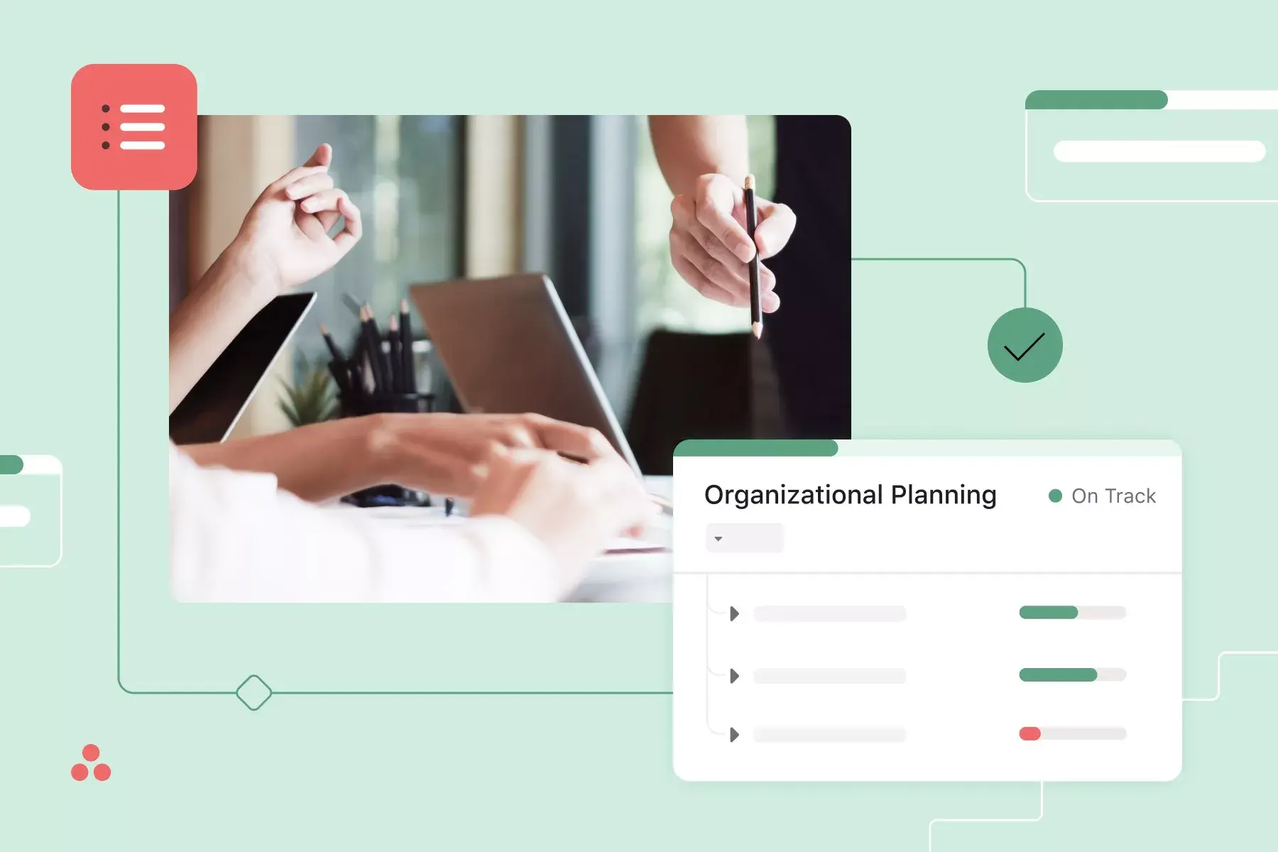 Image for an article on organizational planning. Shows a photograph of people in a business environment and abstracted product UI demonstrating how you can build an organizational plan in Asana.