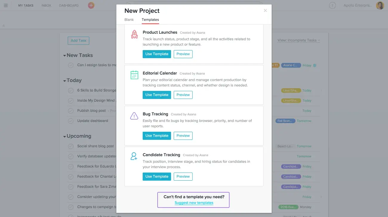 Product UI: Project templates in Asana