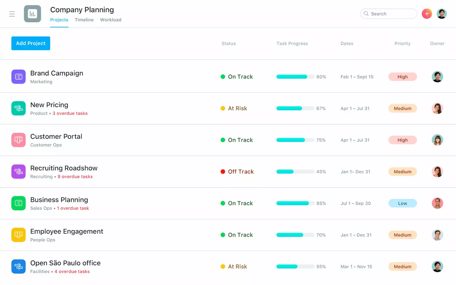 [Interfaz de usuario del producto] Portafolio de una planificación de la empresa en Asana (portafolios)