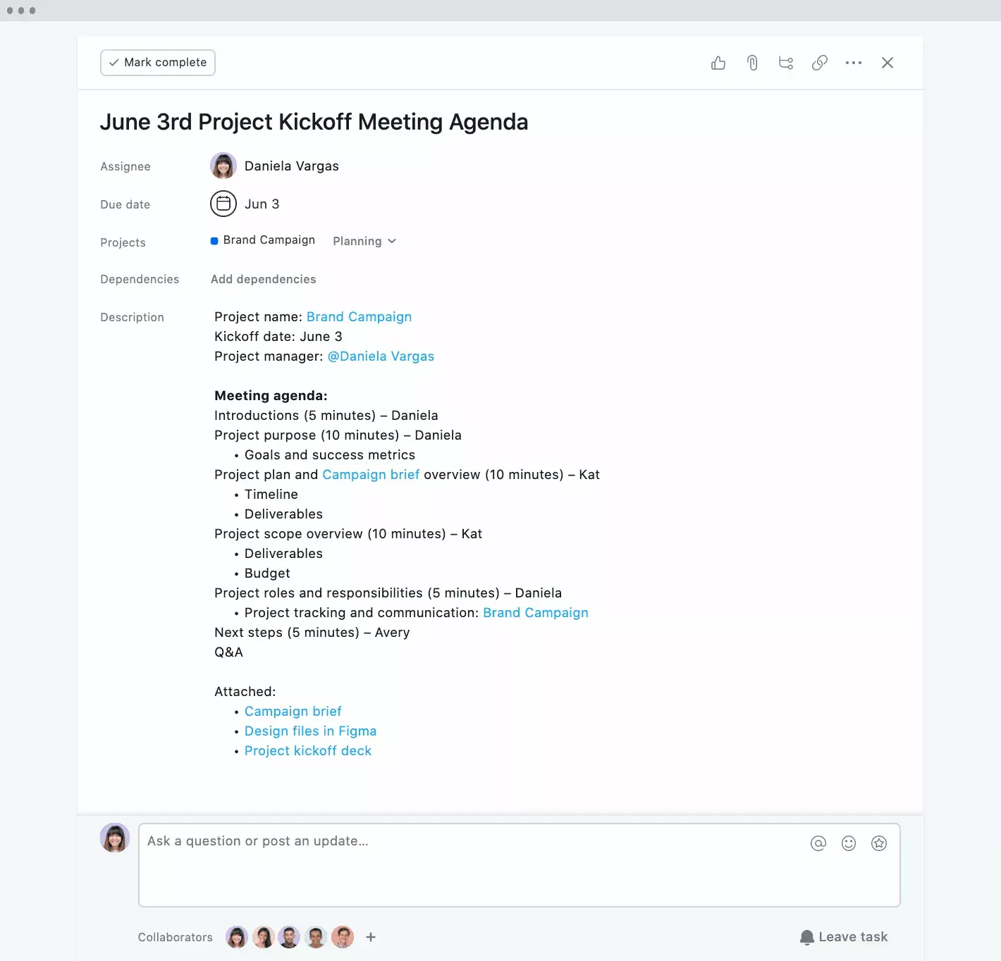 [Produkt-UI] Meeting-Tagesordnung, Projekt-Kick-off in Asana (Aufgaben)