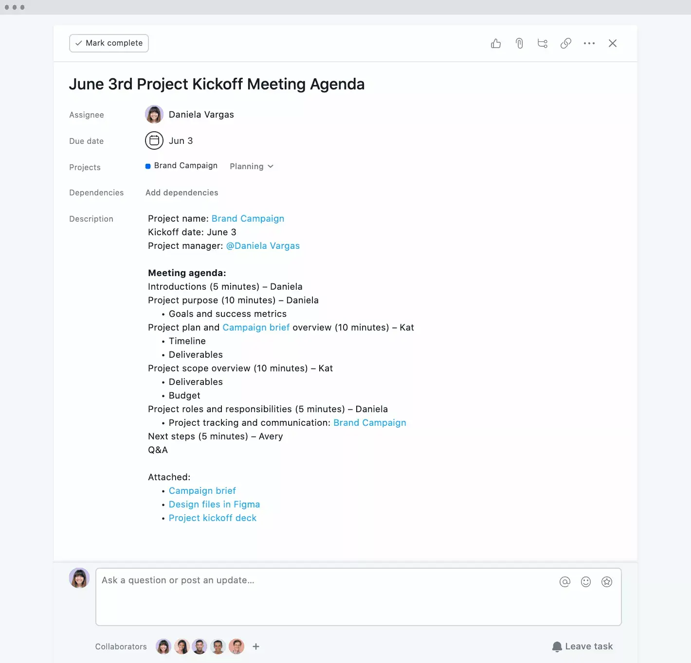 [Interfaz de usuario del producto] Agenda de reunión: inicio de proyecto en Asana (tareas)