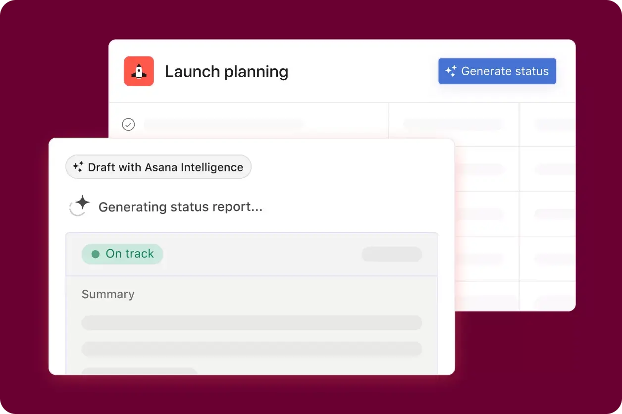 Interfejs użytkownika produktu w Asanie przedstawiający sztuczną inteligencję przygotowującą aktualizację statusu projektu 