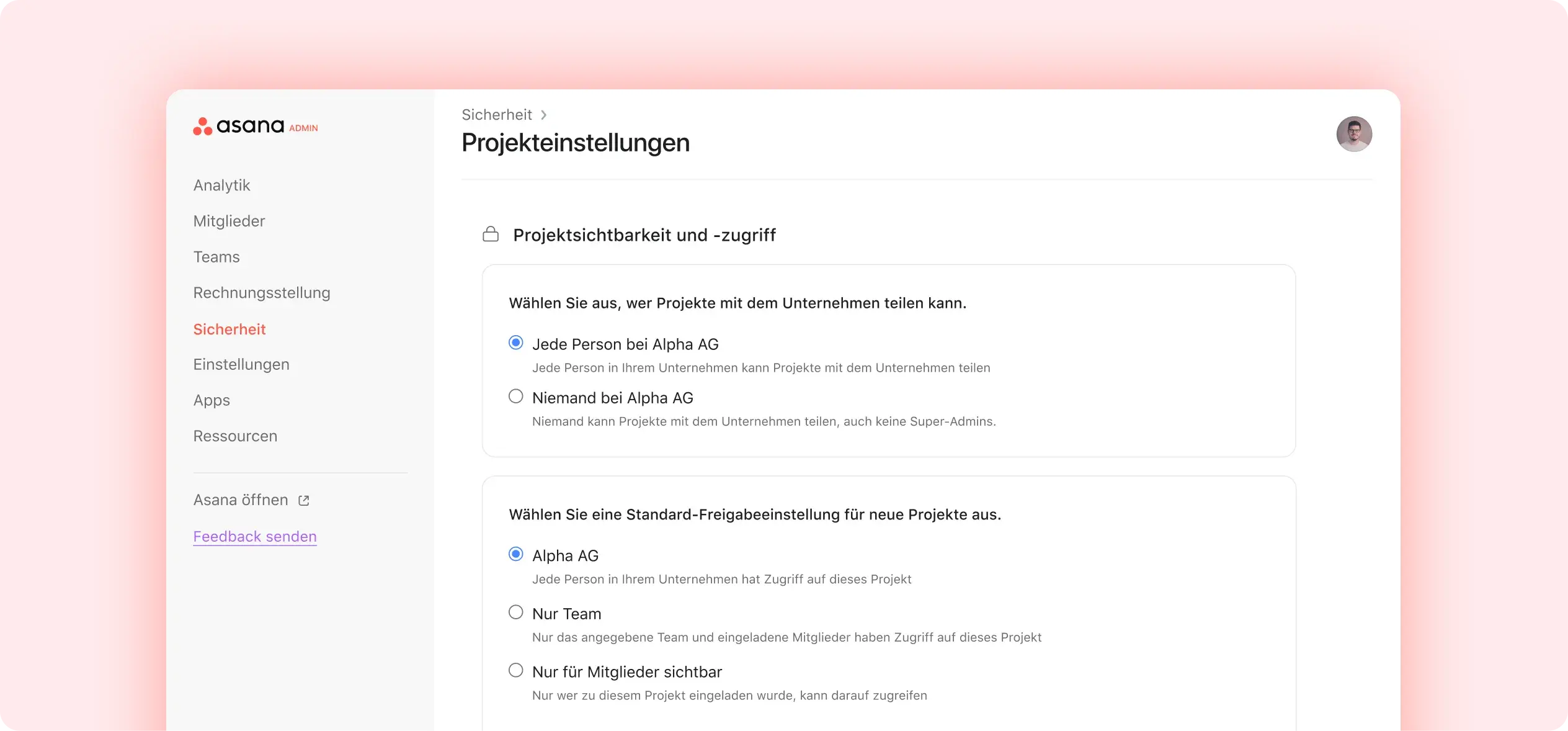 Produkt-UI zu Berechtigungen in Asana