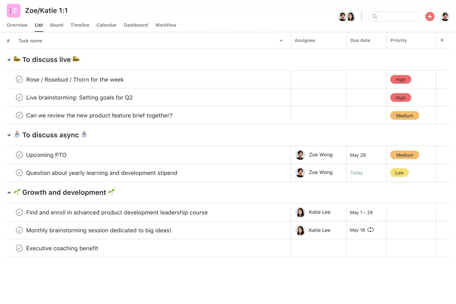 [Product ui] 1:1 agenda with face-to-face discussion topics, async topics, and growth and development (list view)