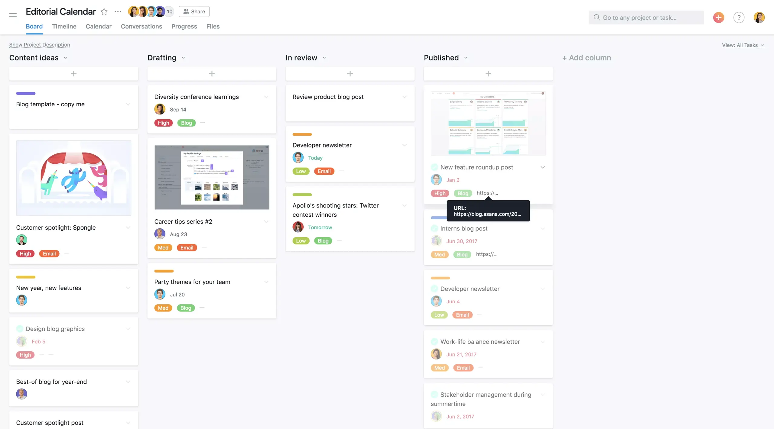 Editorial calendar with custom fields in Asana