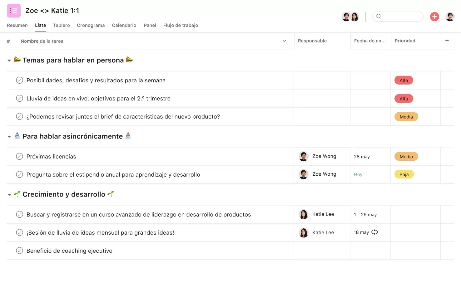 [Interfaz de usuario del producto] Agenda de reunión individual con temas a tratar personalmente, temas asincrónicos, crecimiento y desarrollo (vista de lista)