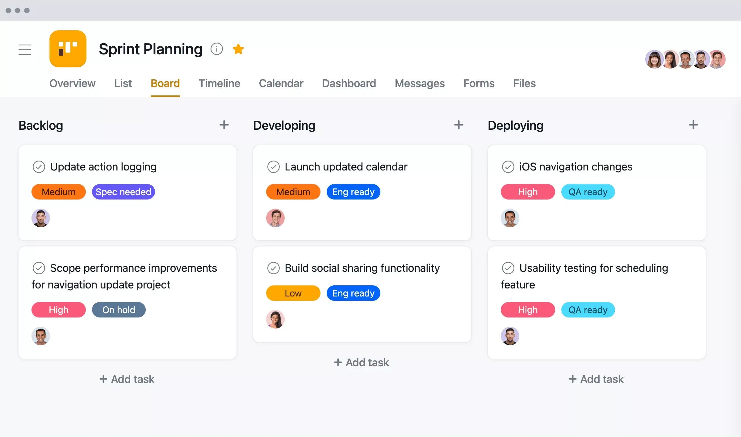 Interface de usuário do produto Asana: planejamento de sprint