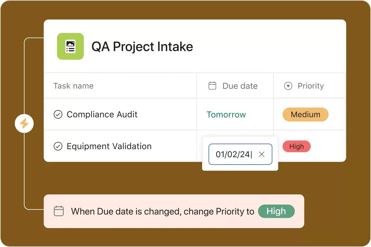 Widok listy dodawania zleceń w projekcie kontroli jakości: uproszczony interfejs użytkownika produktu w Asanie