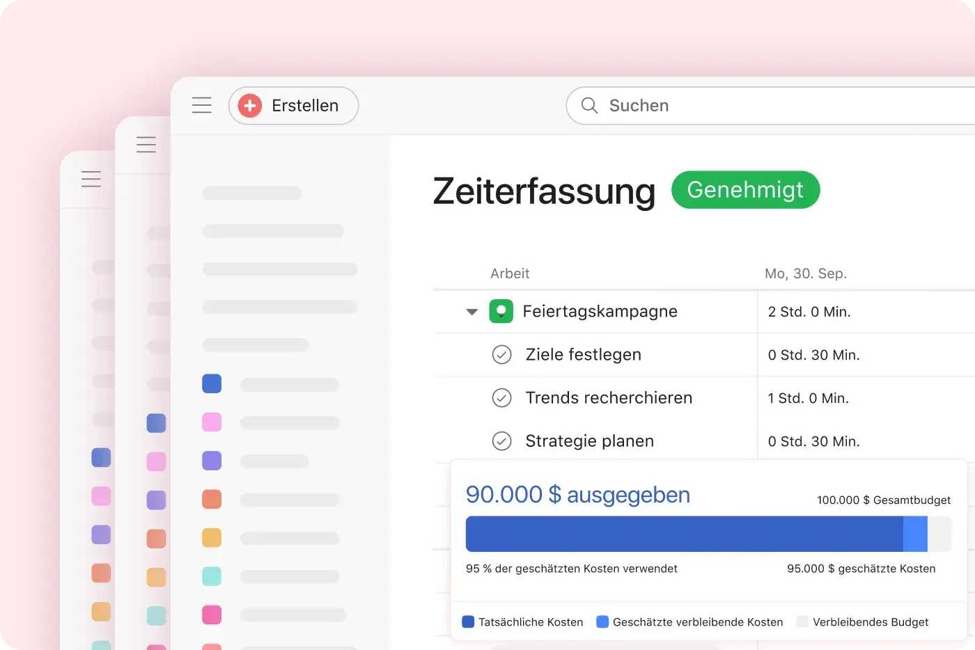 Screenshot eines Projektmanagement-Dashboards mit einer genehmigten Arbeitszeittabelle für eine „Weihnachtskampagne“. Hervorgehoben sind die Zeiterfassung und ein Budgetmodul, das zeigt, dass von 100.000 $ 90.000 $ ausgegeben wurden.