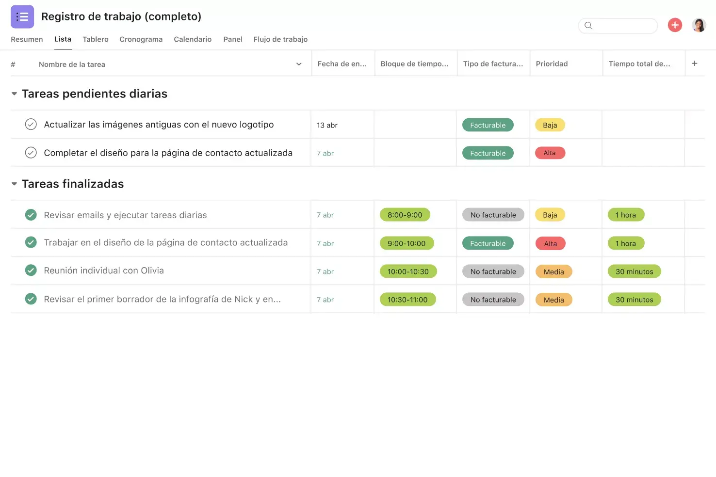 [Interfaz de usuario del producto] Plantilla de registro de trabajo finalizado, con vista al estilo de una hoja de cálculo en Asana (vista de lista)