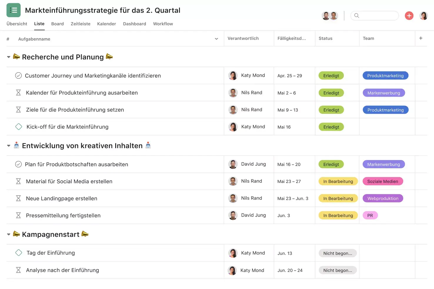 [Produkt-UI] Go-to-Market-Strategievorlage in Asana (Listenansicht)