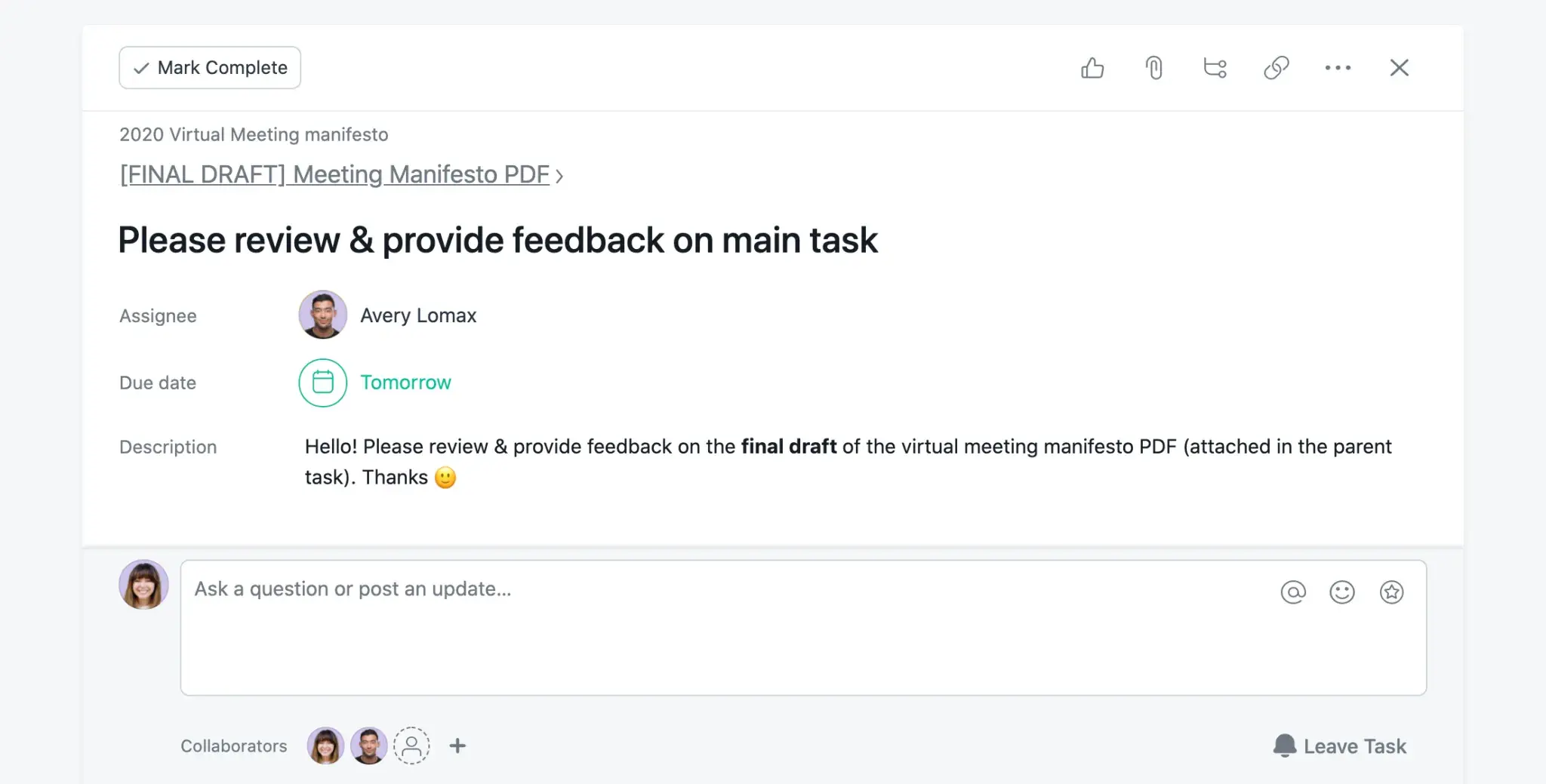 Product UI: Use subtasks to gather feedback