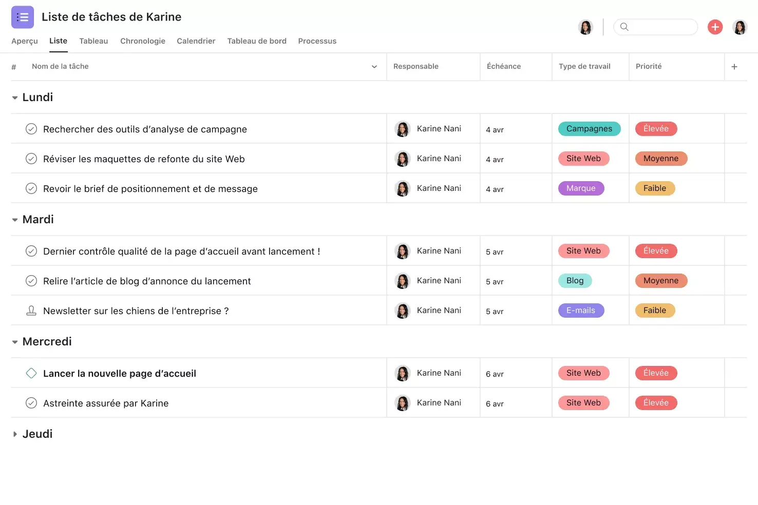 [Interface produit] Projet de liste de tâches hebdomadaire sur Asana - liste façon feuille de calcul