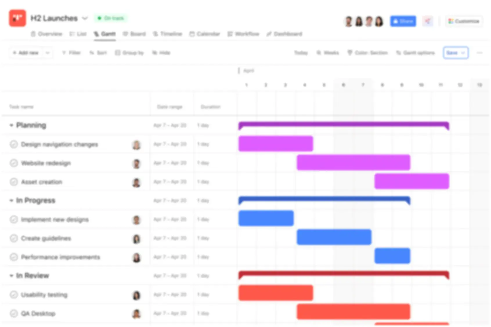 Screenshot of a project management software (like Asana) showing a 'Product Launch' list view. Tasks are organized by status (In planning, In progress, In revision) with assignees, due dates, and priority levels.