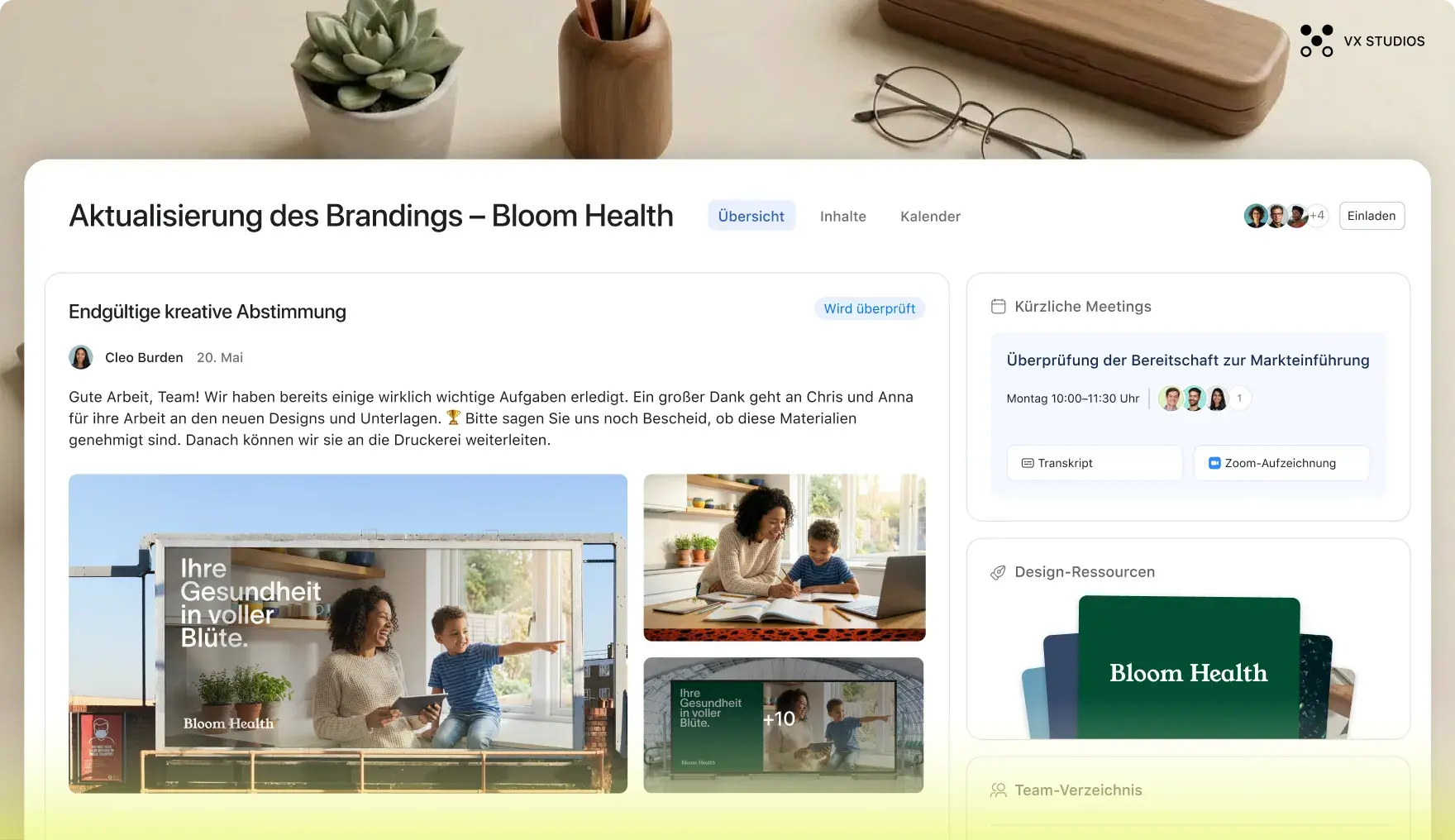Asana UI for a "Bloom Health Brand Refresh" project. The feed shows a creative update with billboard mockups. A sidebar displays recent Zoom meetings, design resources, a team directory, and timezones.