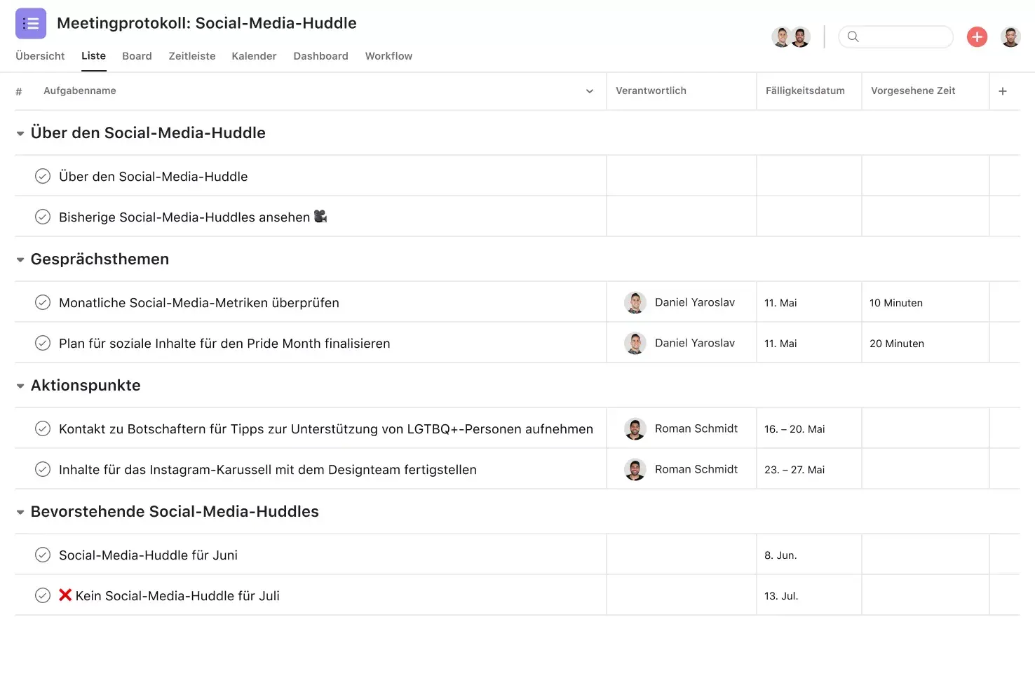 [Produkt-UI] Projekt für Meetingprotokolle in Asana, Projektansicht im Tabellenformat (Liste)