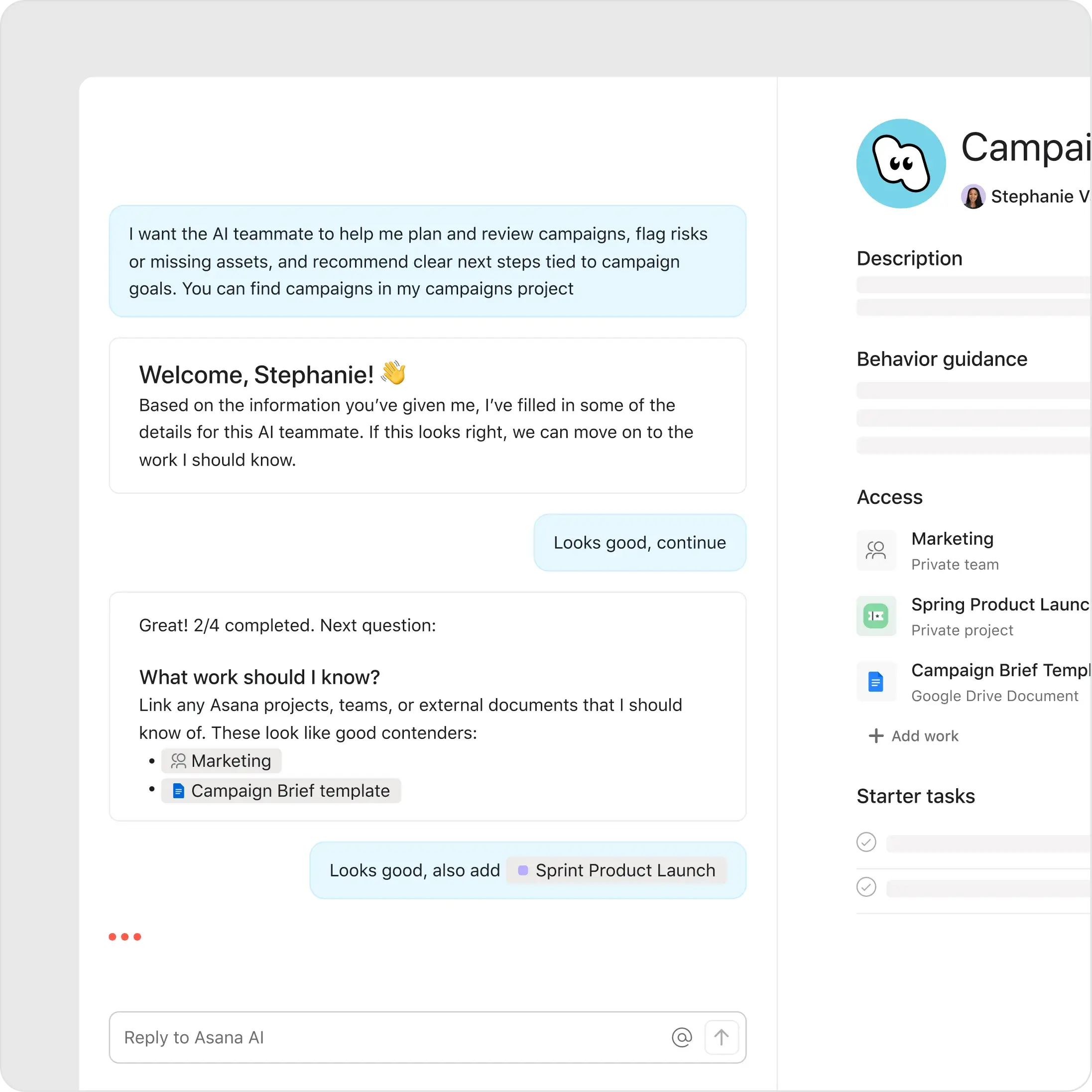 Asana interface showing a setup chat with Asana AI for an AI teammate. The AI asks "What work should I know?" and suggests linking the Marketing team and a Campaign Brief template. A side panel displays the teammate's access settings.