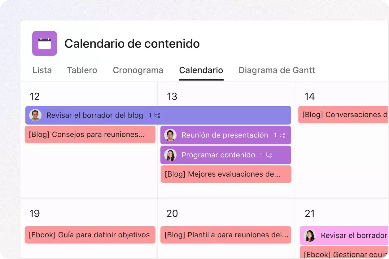 Interfaz de usuario de la función del calendario en Asana