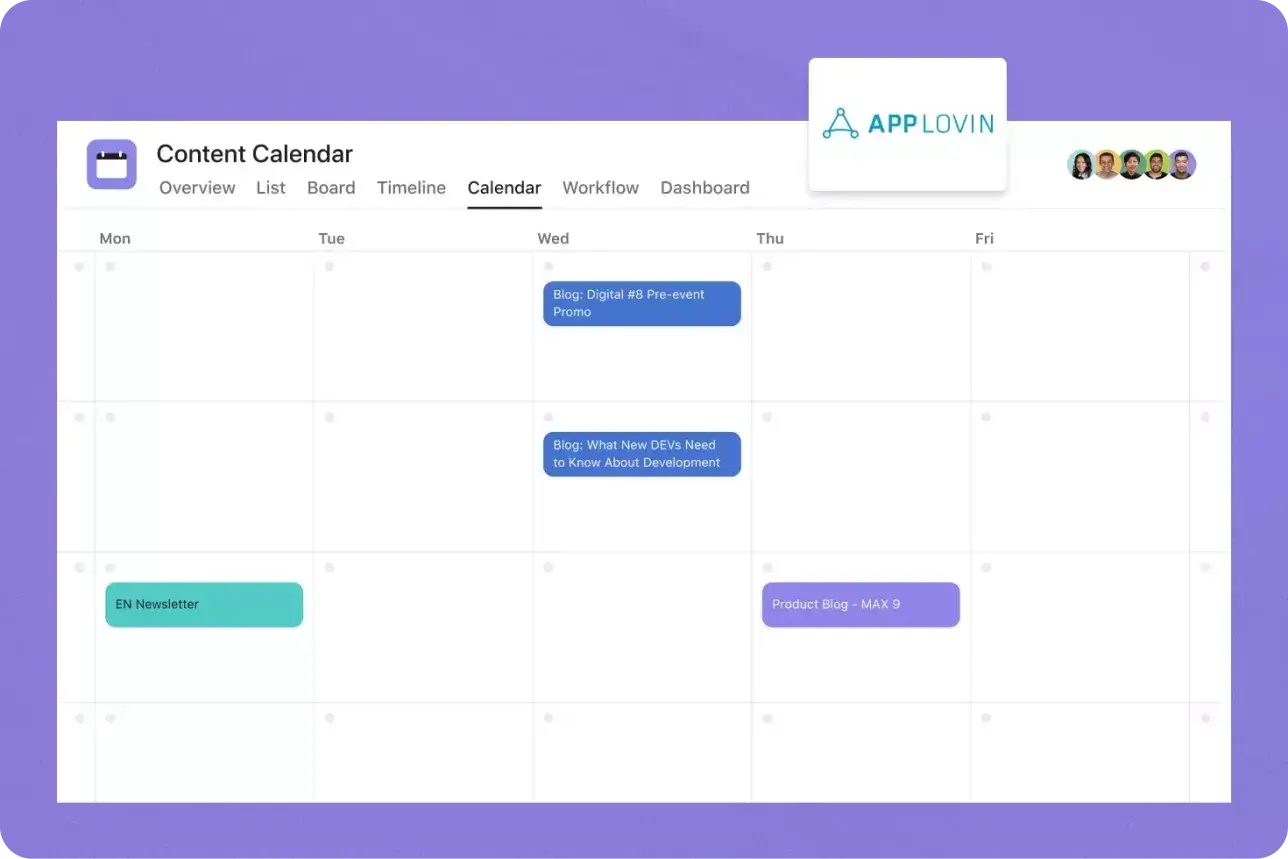 Calendario de contenido, interfaz de usuario del producto de Asana