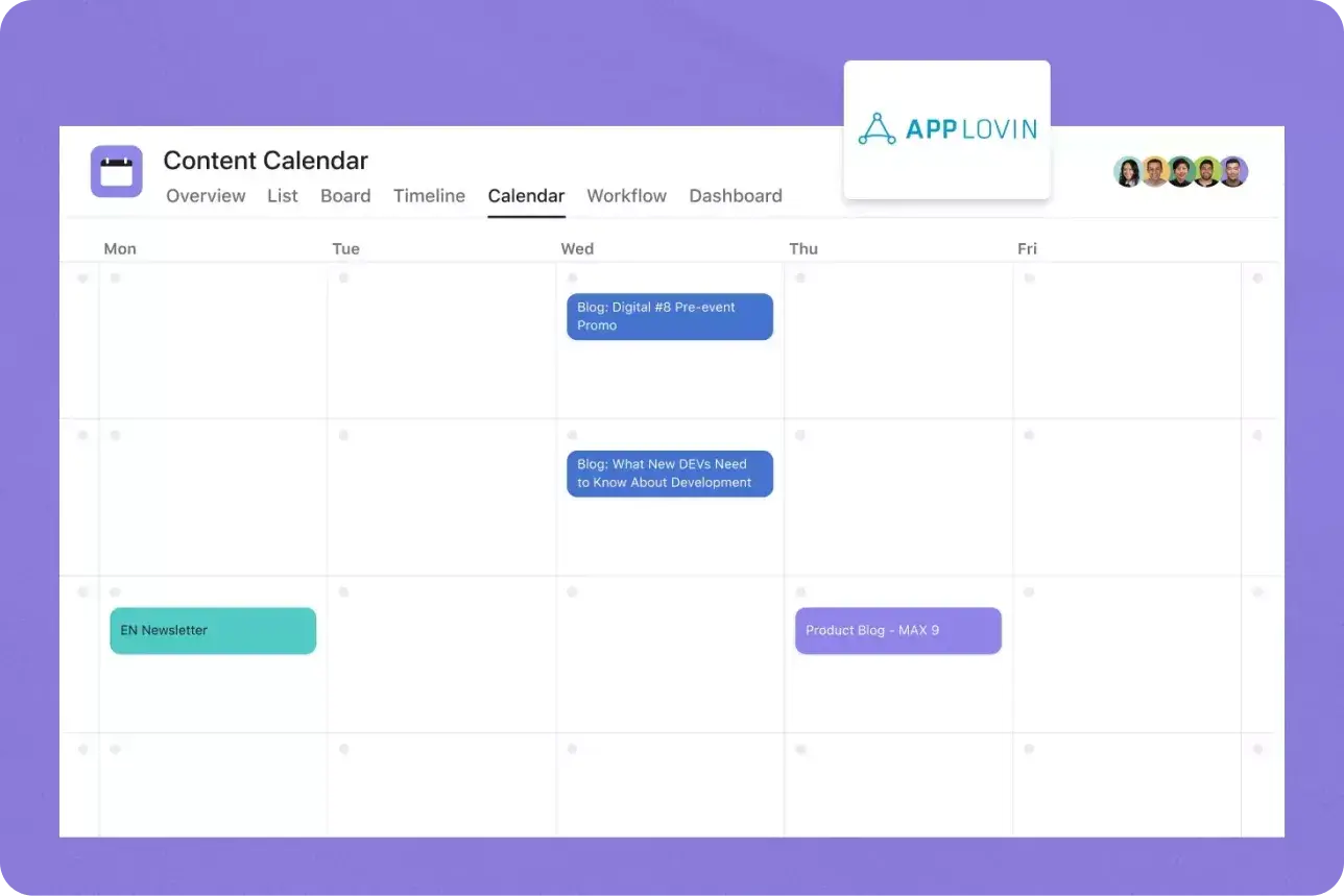 Inhoudsagenda, geabstraheerde Asana-product-UI