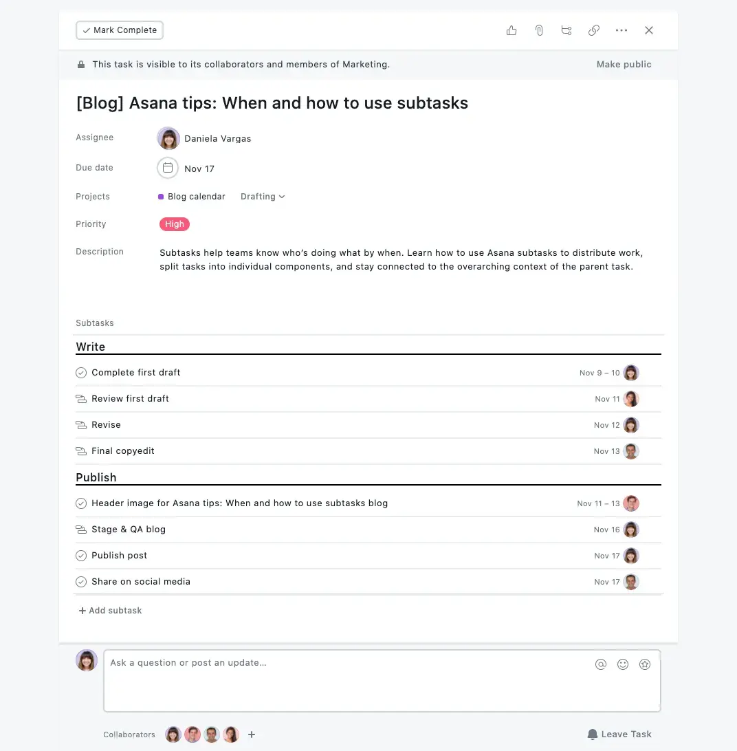 Product UI: Subtasks in Asana