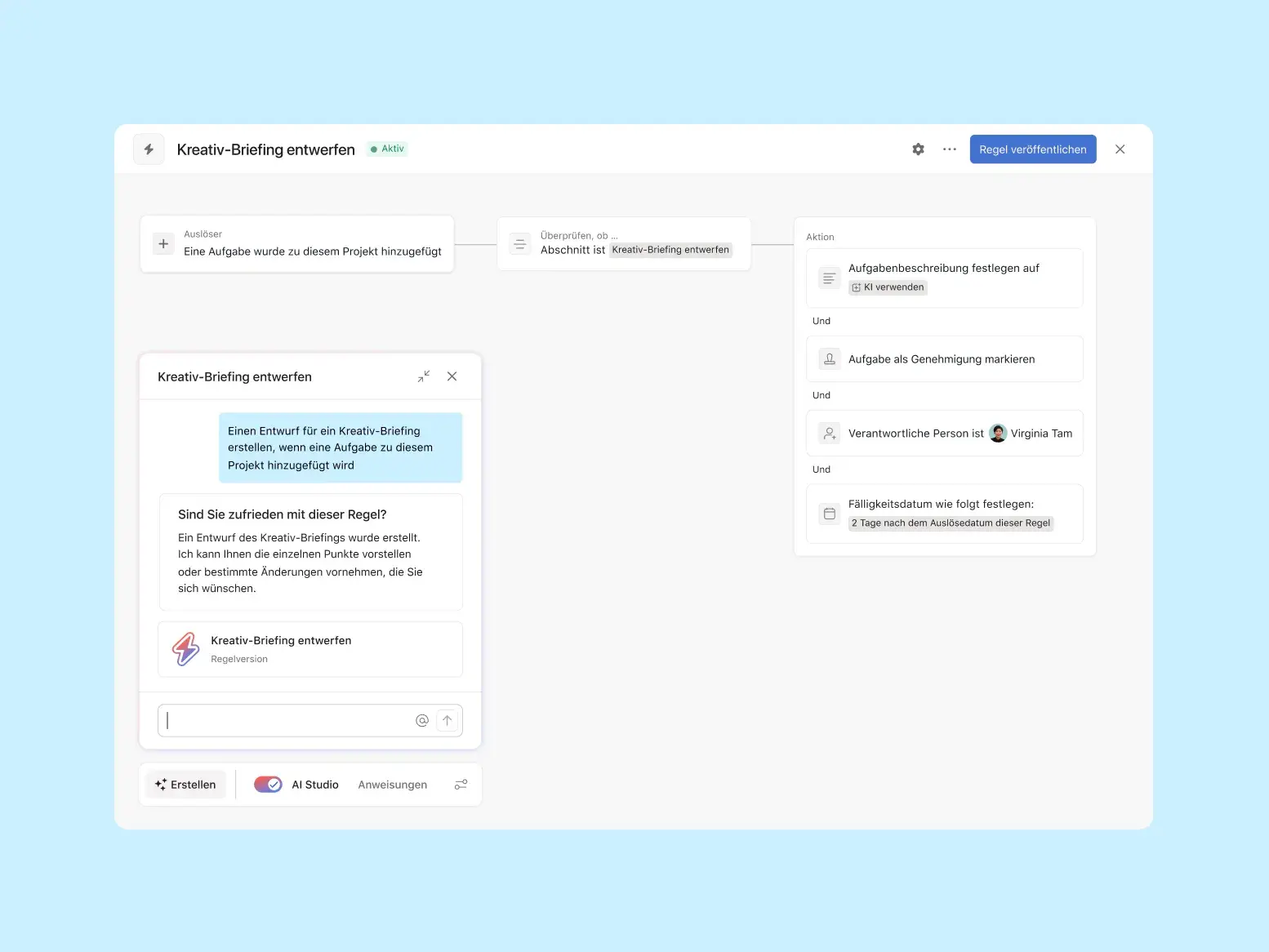 Asana-UI mit einer KI-generierten Automatisierungsregel. Ein Chat-Bereich zeigt den Prompt. Das resultierende Flussdiagramm zeigt Auslöser und Aktionen wie das Zuweisen von Aufgaben und die KI-Generierung von Beschreibungen.