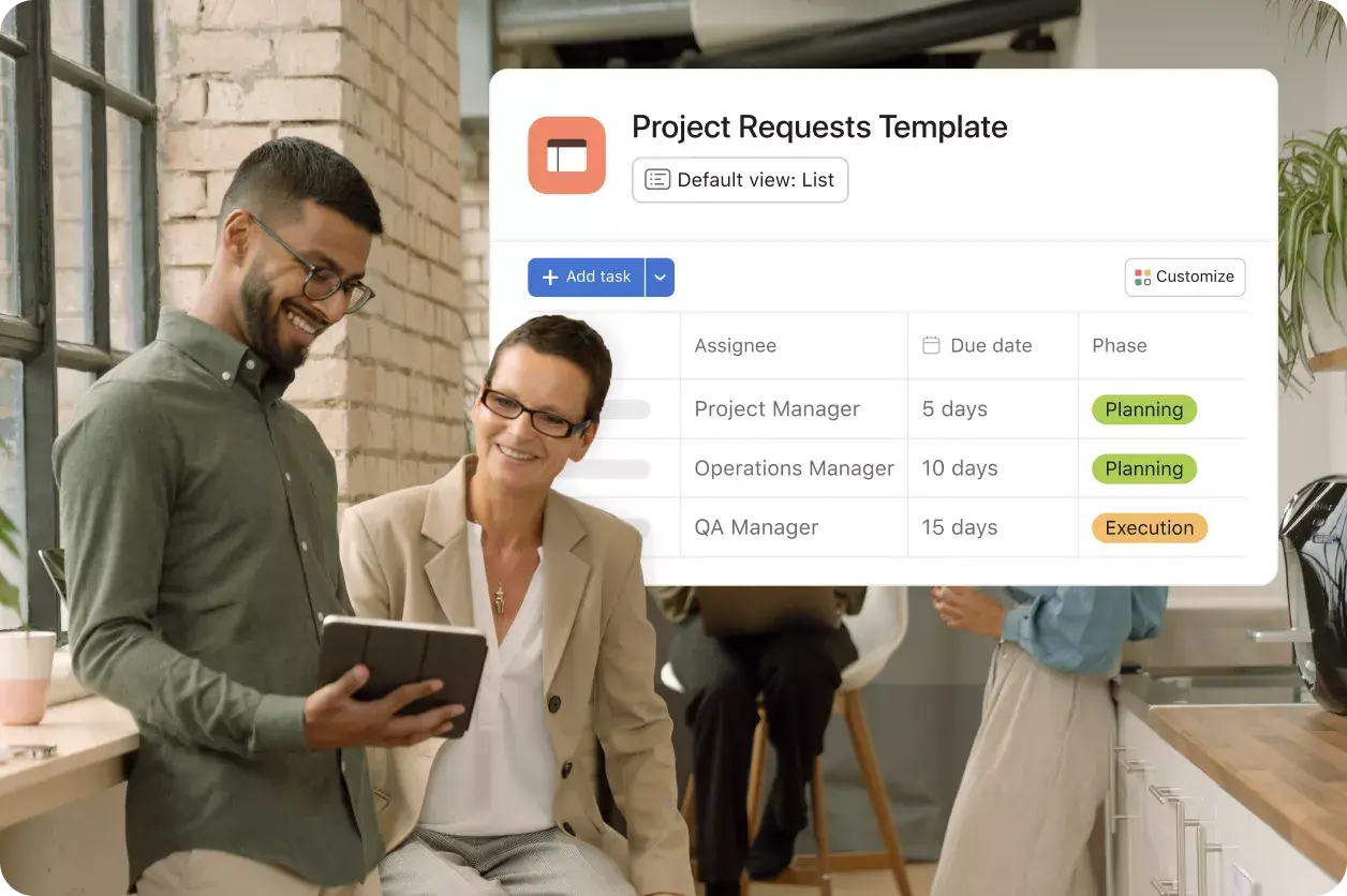 Image of two employees looking at project requests: Asana abstracted product UI
