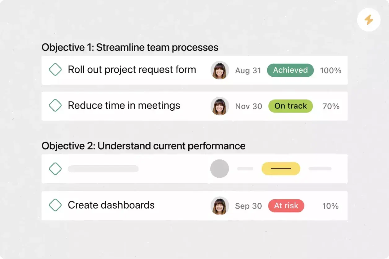 Objectifs et résultats clés (OKR) sur Asana : interface utilisateur produit