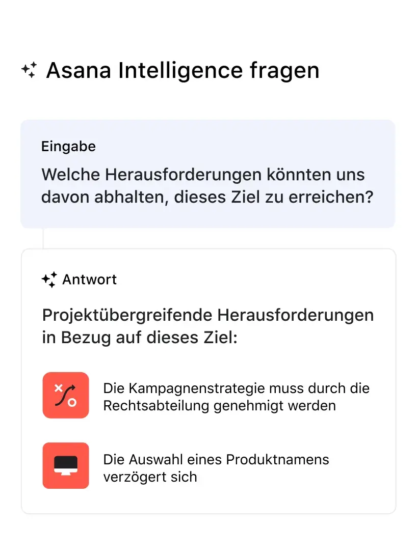 Die Asana-Produkt-UI zeigt, welche Antwort Asana Intelligence auf die Frage „Welche Herausforderungen könnten uns daran hindern, ein Projektziel zu erreichen?“ gibt.