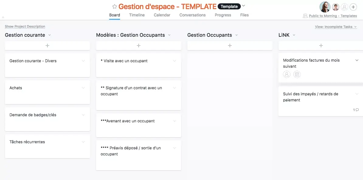 Modèle Asana utilisé par Morning pour gérer un espace