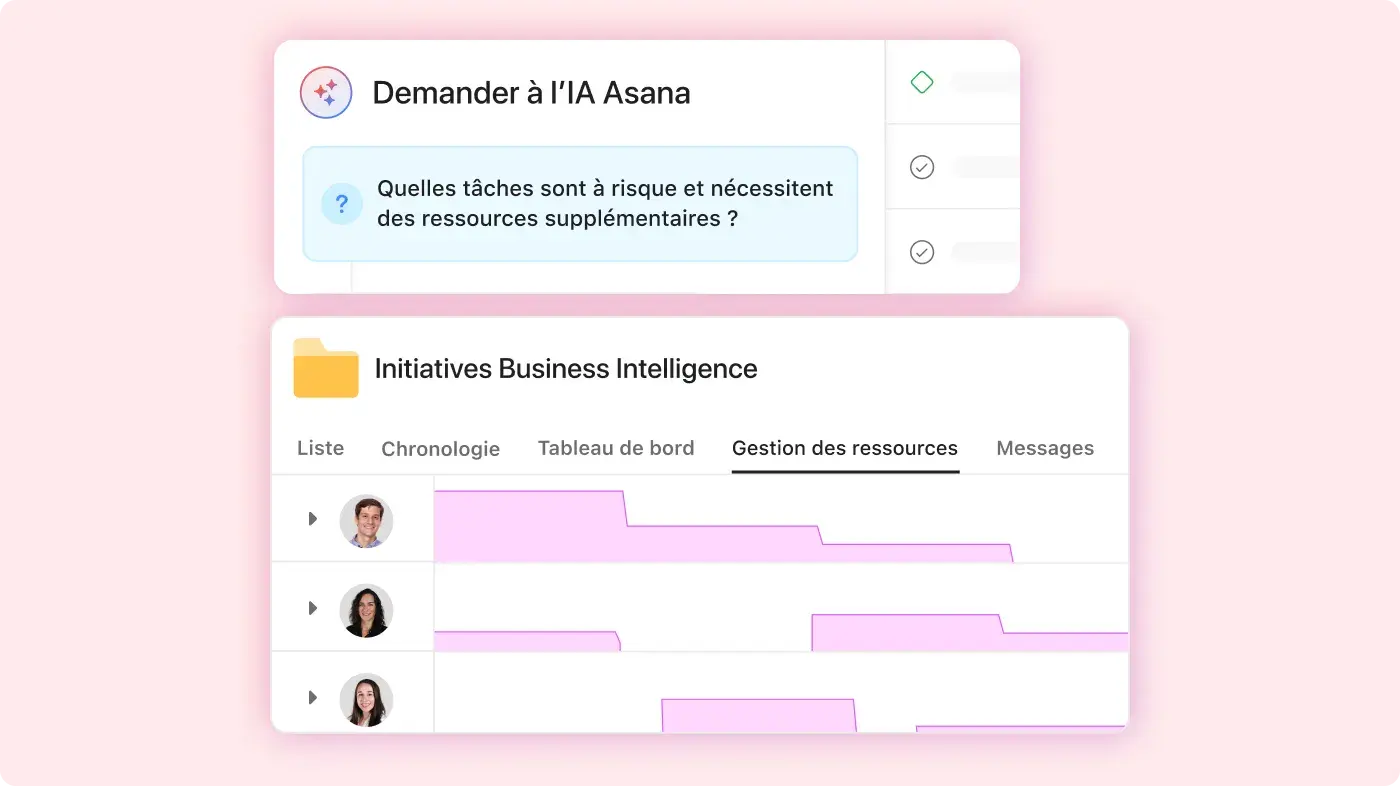 Image qui représente deux employés utilisant l’IA Asana : exemple de l’interface utilisateur produit sur Asana