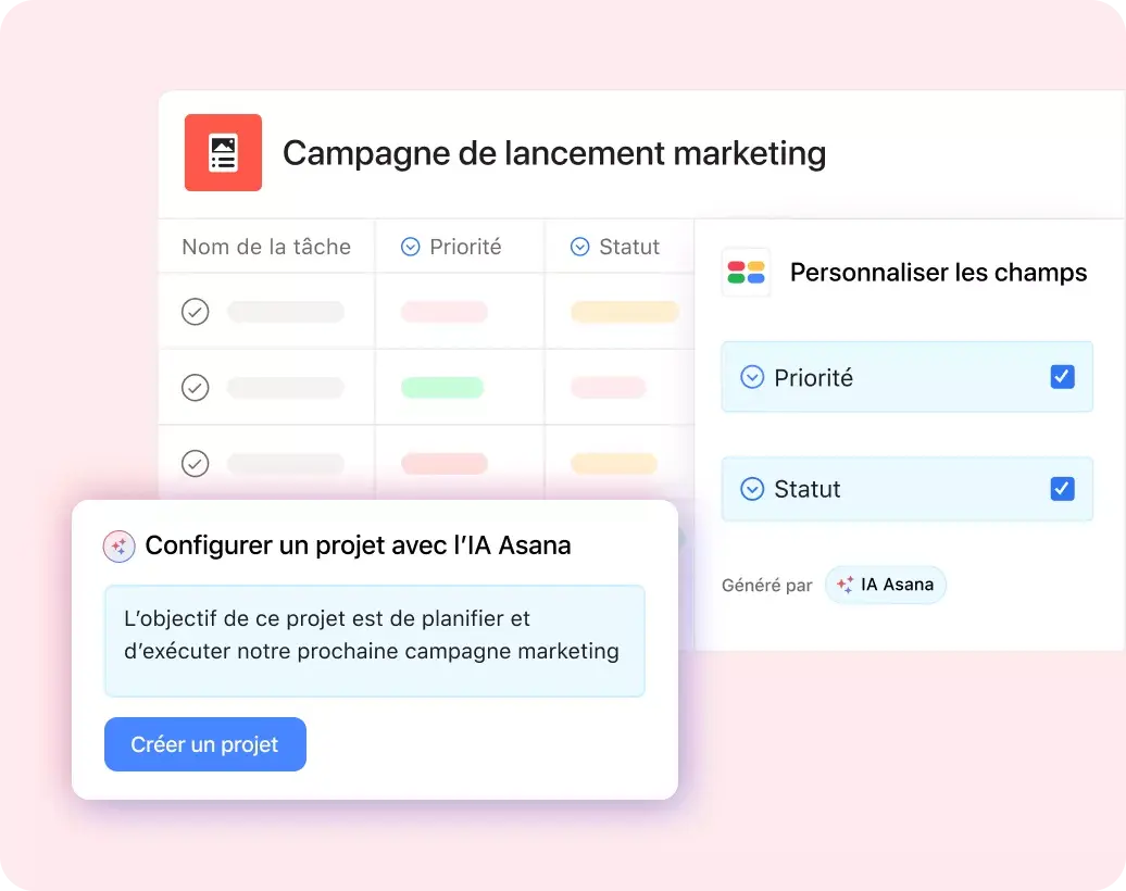 L’interface utilisateur produit montre l’IA Asana en train de créer un nouveau projet sur la base de l’instruction « L’objectif de ce projet est de planifier et d’exécuter notre prochaine campagne marketing »