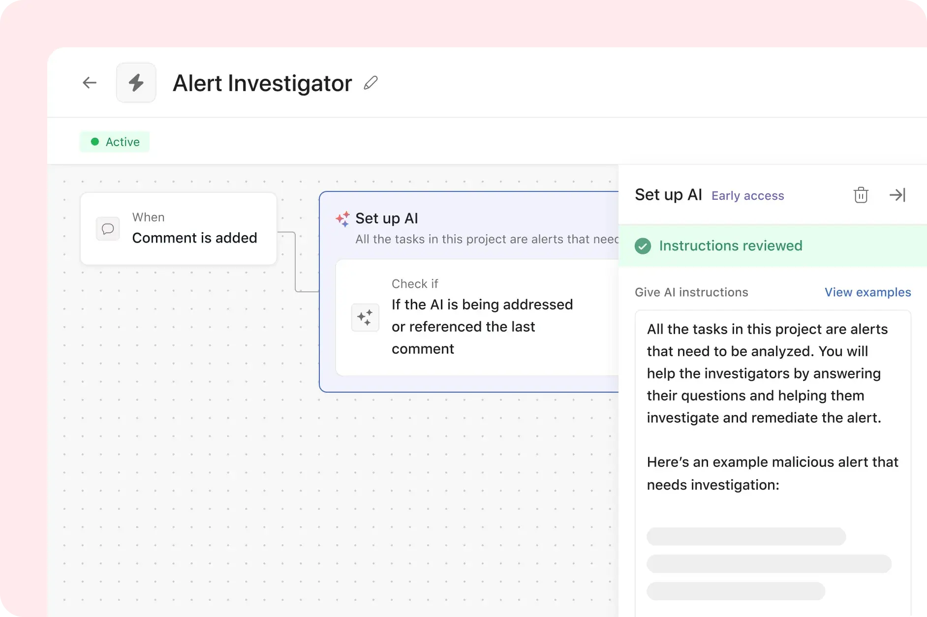 Product UI image showing how to use Asana AI Studio to investigate security alerts