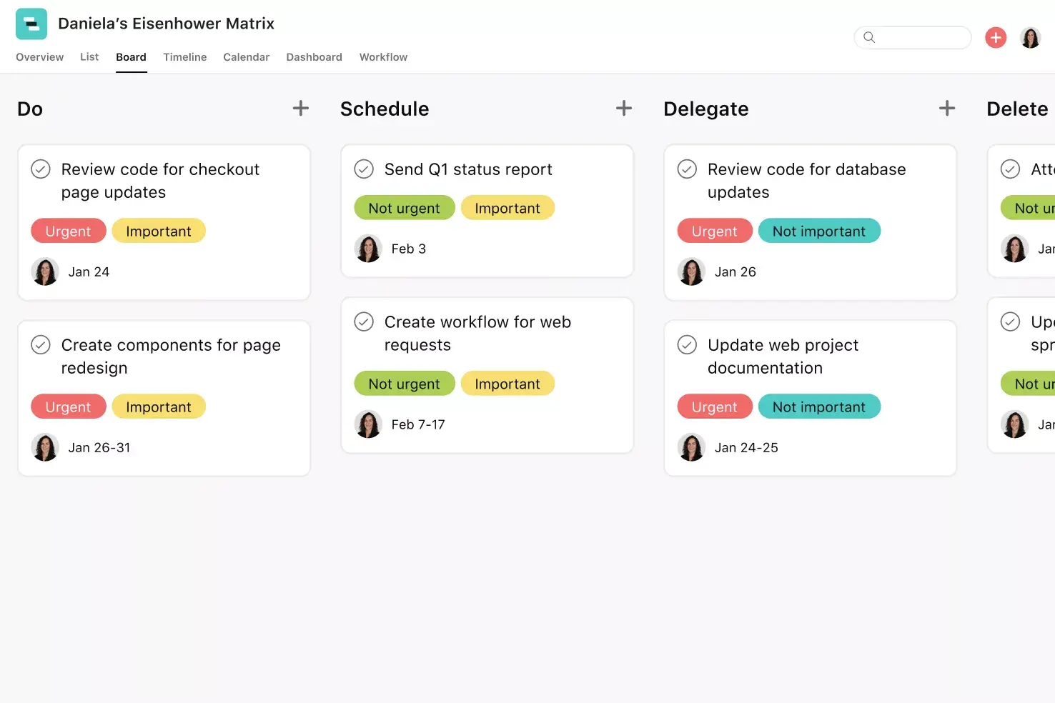 [Interfaccia utente del prodotto] Progetto di matrice di Eisenhower su Asana, visualizzazione in stile bacheca Kanban (bacheche)