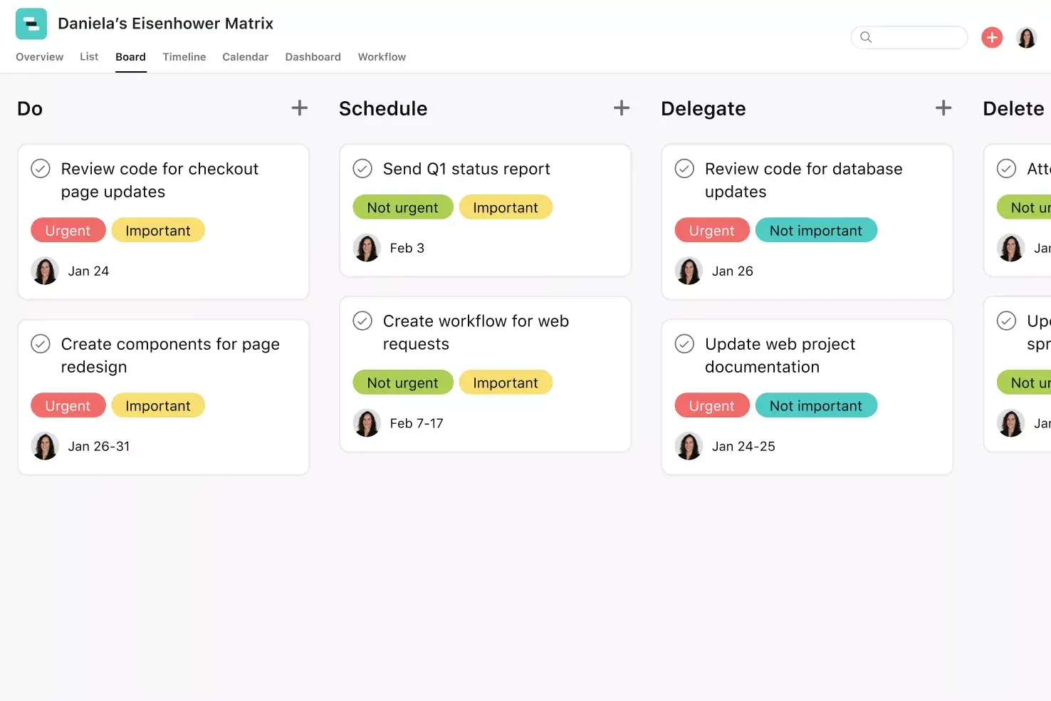 [Product ui] Actionable Eisenhower Matrix project in Asana, Kanban board style view (Boards)