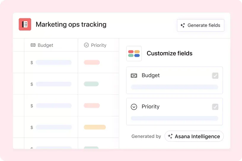 Asan product UI showing Asana Intelligence generating custom fields for a "Marketing ops tracking" project.